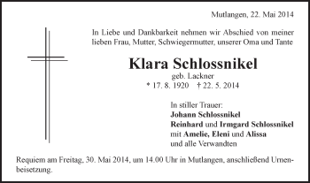 Traueranzeige von Klara Schlossnikel von Gmünder Tagespost