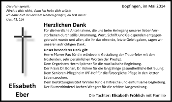 Traueranzeige von Elisabeth Ebert von Schwäbische Post