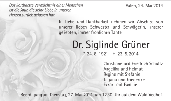 Traueranzeige von Siglinde Grüner von Schwäbische Post