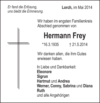 Traueranzeige von Hermann Frey von Gmünder Tagespost