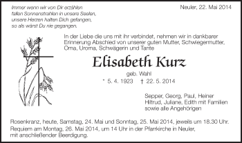 Traueranzeige von Elisabeth Kurz von Schwäbische Post