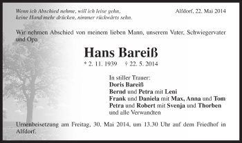 Traueranzeige von Hans Bareiß von Gmünder Tagespost