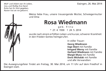 Traueranzeige von Rosa Wiedmann von Schwäbische Post