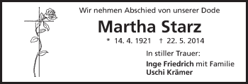 Traueranzeige von Martha Starz von Schwäbische Post