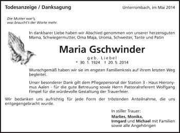 Traueranzeige von Maria Gschwinder von Schwäbische Post