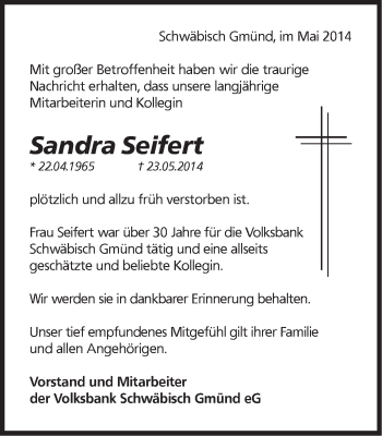 Traueranzeige von Sandra Seifert von Gmünder Tagespost