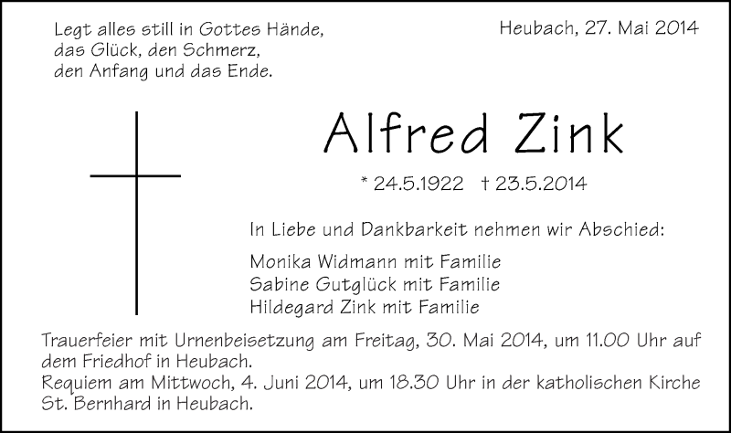  Traueranzeige für Alfred Zink vom 27.05.2014 aus Gmünder Tagespost