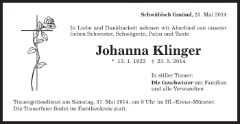 Traueranzeige von Johanna Klinger von Gmünder Tagespost