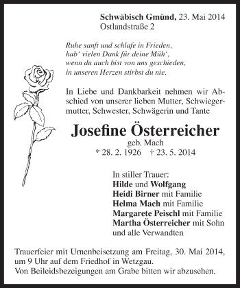 Traueranzeige von Josefine Österreicher von Gmünder Tagespost