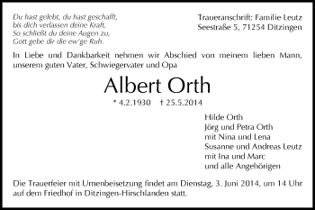 Traueranzeige von Albert Orth von Gmünder Tagespost