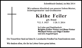 Traueranzeige von Käthe Feiler von Gmünder Tagespost