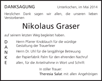 Traueranzeige von Nikolaus Graser von Schwäbische Post