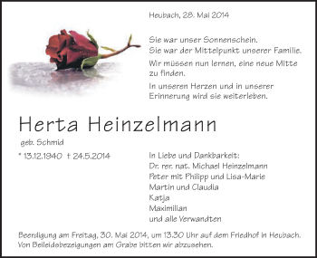 Traueranzeige von Herta Heinzelmann von Gmünder Tagespost