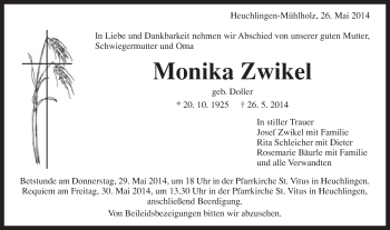 Traueranzeige von Monika Zwikel von Schwäbische Post