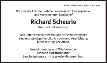 Traueranzeige von Richard Scheurle von Schwäbische Post