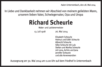 Traueranzeige von Richard Scheurle von Schwäbische Post