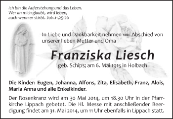 Traueranzeige von Franziska Liesch von Schwäbische Post