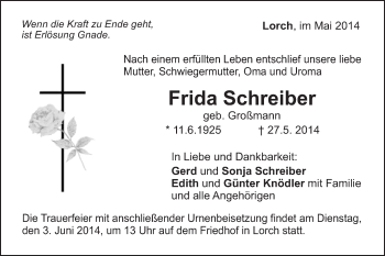 Traueranzeige von Frida Schreiber von Gmünder Tagespost