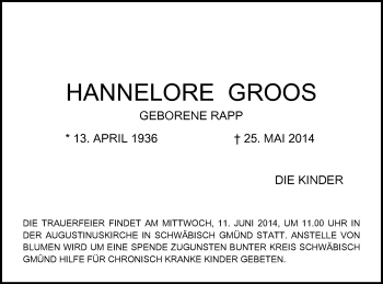 Traueranzeige von Hannelore Gross von Gmünder Tagespost