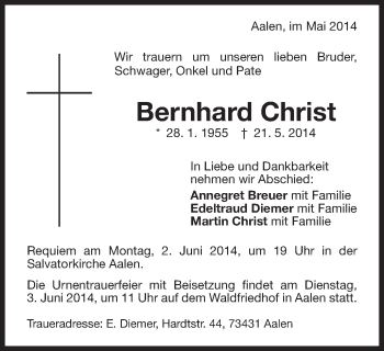 Traueranzeige von Bernhard Christ von Schwäbische Post