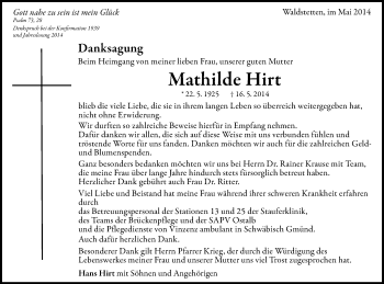 Traueranzeige von Nathilde Hirt von Gmünder Tagespost