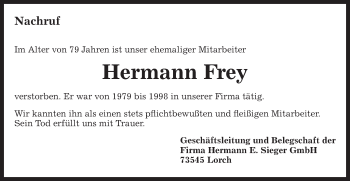 Traueranzeige von Hermann Frey von Gmünder Tagespost
