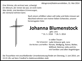 Traueranzeige von Johanna Blumenstock von Schwäbische Post