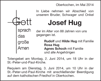 Traueranzeige von Josef Hug von Schwäbische Post