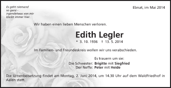 Traueranzeige von Edith Legler von Schwäbische Post