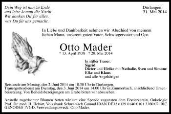 Traueranzeige von Otto Mader von Gmünder Tagespost