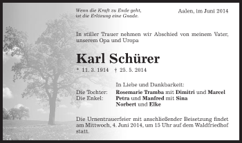 Traueranzeige von Karl Schürer von Schwäbische Post