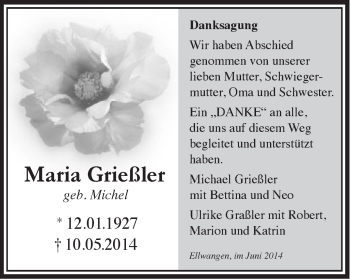 Traueranzeige von Maria Grießler von Schwäbische Post