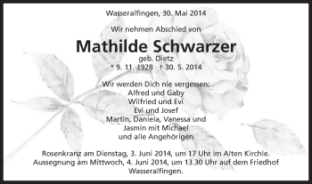 Traueranzeige von Mathilde Schwarzer von Schwäbische Post
