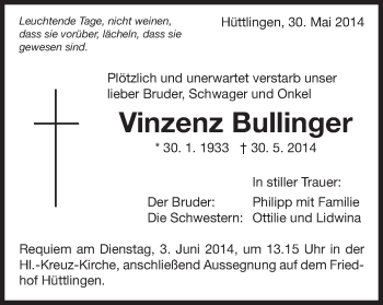 Traueranzeige von Vinzenz Bullinger von Schwäbische Post