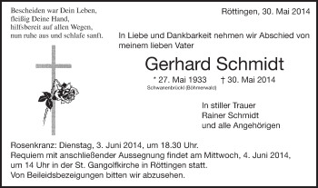 Traueranzeige von Gerhard Schmidt von Schwäbische Post