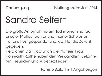 Traueranzeige von Sandra Seifert von Gmünder Tagespost