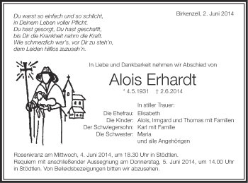 Traueranzeige von Alois Erhardt von Schwäbische Post