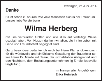 Traueranzeige von Wilma Herberg von Schwäbische Post