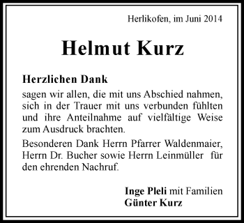 Traueranzeige von Helmut Kurz von Gmünder Tagespost