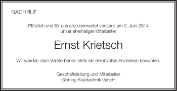 Traueranzeige von Ernst Krietsch von Schwäbische Post