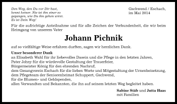 Traueranzeige von Johann Pichnik von Gmünder Tagespost