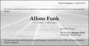 Traueranzeige von Alfons Funk von Schwäbische Post