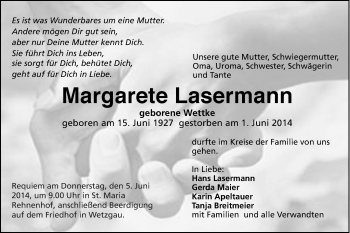 Traueranzeige von Margarete Lasermann von Gmünder Tagespost