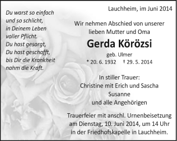Traueranzeige von Gerda Körözsi von Schwäbische Post
