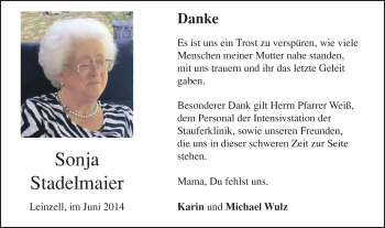 Traueranzeige von Sonja Stadelmaier von Gmünder Tagespost