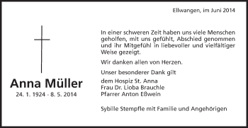 Traueranzeige von Anna Müller von Schwäbische Post