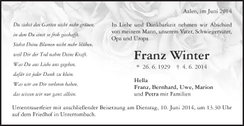 Traueranzeige von Franz Winter von Schwäbische Post