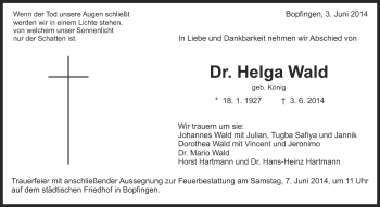 Traueranzeige von Helga Wald von Schwäbische Post