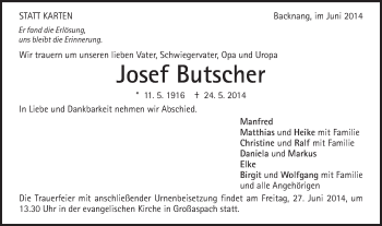 Traueranzeige von Josef Butscher von Schwäbische Post