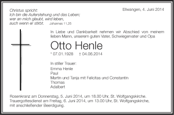 Traueranzeige von Otto Henle von Schwäbische Post
